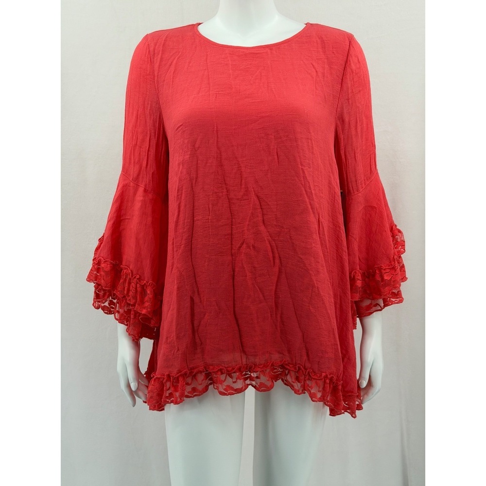 Ali Miles Top Womens Medium Coral Tunic Bell Sleeve Lace Peasant Boho Ruffles